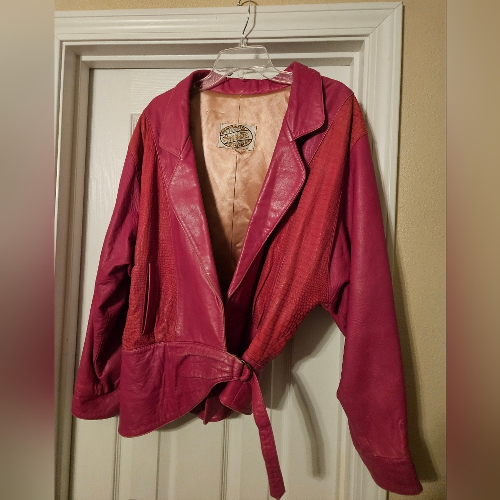 Vintage Hot Pink Leather Jacket Size 10 Women's 80s Overland Sheepskin Co